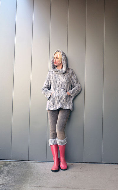 Boot Topper in Winter River Faux Fur with matching Hooded Lounger handmade by Pandemonium Seattle