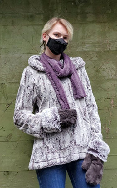 Hooded Lounger - Luxury Faux Fur in Khaki  and minky mauve skinny scarf handmade by Pandemonium Millinery