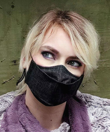 Pop-Up Face Mask Model Shot - Dapple Gray - Handmade by Pandemonium Millinery Seattle, WA USA