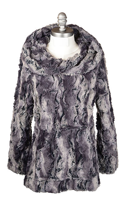 Hoody Lounger with hood up | Luxury Faux Fur in Muddy Waters Faux Fur, Brown | Handmade By Pandemonium Millinery | Seattle WA USA