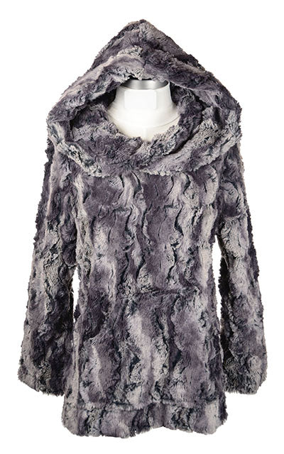 Hoody Lounger with hood up | Luxury Faux Fur in Muddy Waters Faux Fur, Brown | Handmade By Pandemonium Millinery | Seattle WA USA