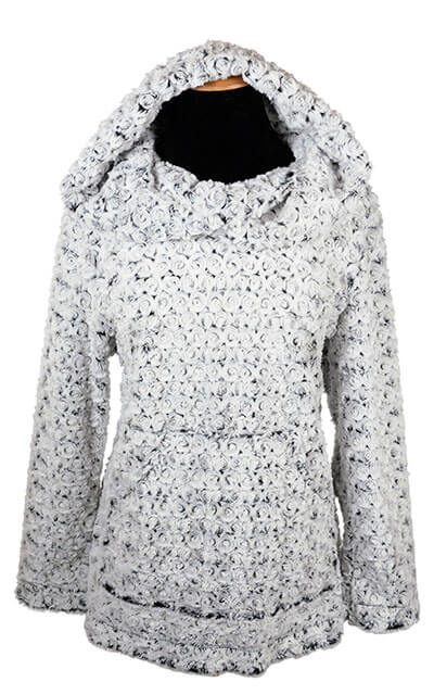 Hooded Lounger Rosebud Faux Fur in Brown Model Shot | Handmade in Seattle WA USA | Pandemonium Millinery