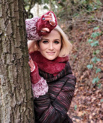 Fingerless Gloves with Cuff and Hooded Lounger Model Shot | Cranberry Creek Luxury Faux Fur with Berry Foxy Cuff | Handmade by Pandemonium Millinery Seattle WA USA