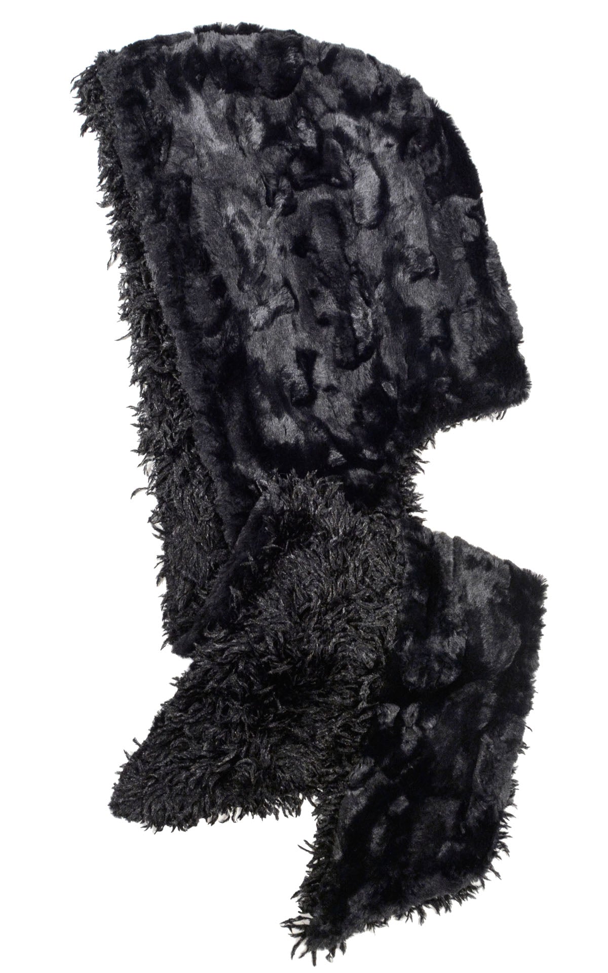 Unisex Two-Tone Hooded Scarf | Black Swan, Faux Feather reversing to Cuddly Fur in Black Faux Fur, shown in reverse| Handmade in Seattle WA | Pandemonium Millinery