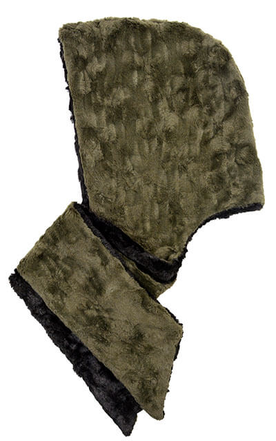 Hoody Scarf Cuddly Faux Fur in Army Green with Black - made in Seattle, WA
