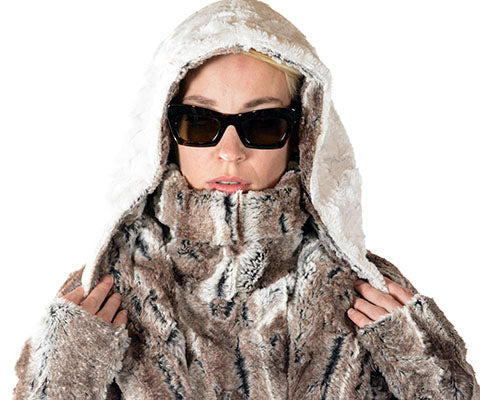 Hoody Scarf Model Shot | Birch Luxury Faux Fur lined Ivory | Handmade in Seattle WA | Pandemonium Millinery