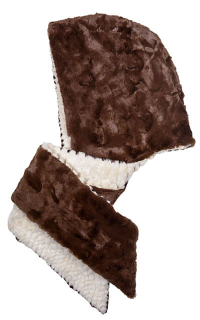 Hoody Scarf in Falkor Faux with Cuddly Fur in Chocolate  - Shown in Reverse