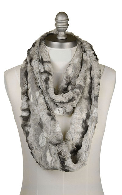 Infinity Scarf in Cascade Rainier Sky Faux Fur. Made by Pandemonium Seattle.