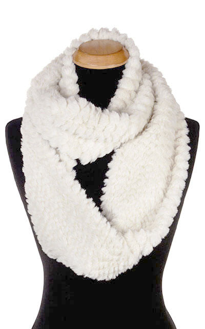 Product shot of Women’s Infinity Scarf | Falkor an off-white Faux Fur with texture of embossed dragon scales | Handmade in Seattle WA | Pandemonium Millinery