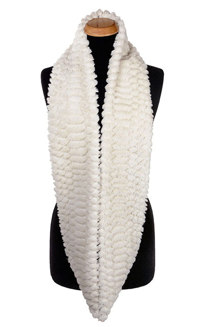 Product shot of Women’s infinity Scarf shown un-looped | Falkor an off-white Faux Fur with texture of embossed dragon scales | Handmade in Seattle WA | Pandemonium Millinery