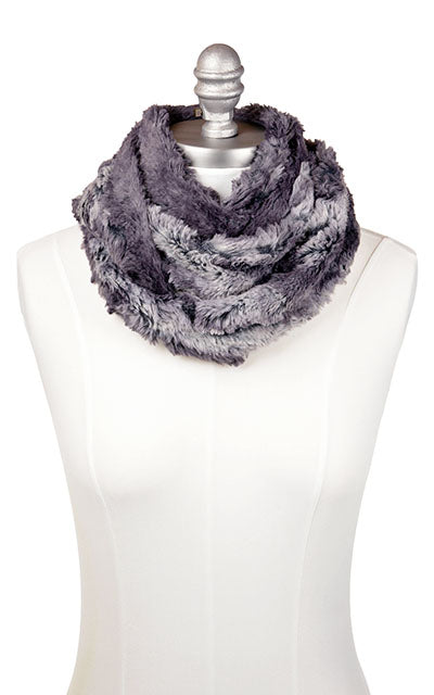 Product shot of Men’s Infinity Loop Scarf  shown tightly looped| Muddy Waters; Bron/gray Faux Fur | Handmade in Seattle WA | Pandemonium Millinery