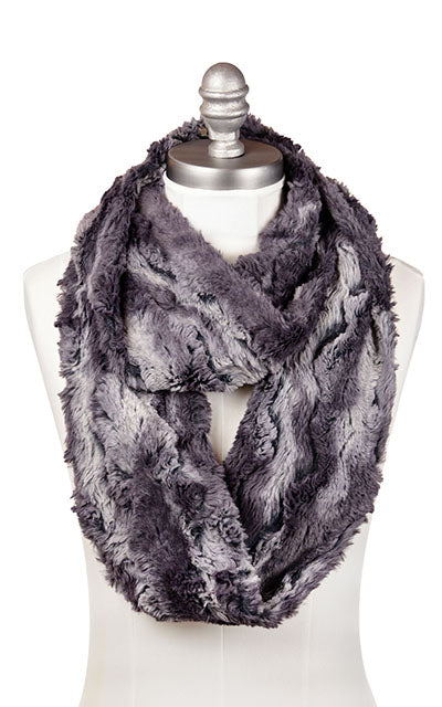 Product shot of Men’s Infinity Loop Scarf | Muddy Waters; Bron/gray Faux Fur | Handmade in Seattle WA | Pandemonium Millinery