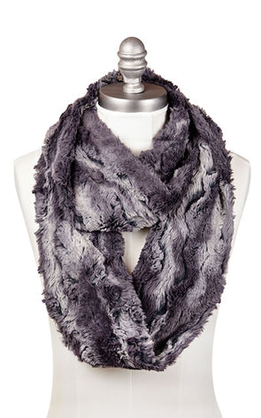 Product shot of Men’s Infinity Loop Scarf | Muddy Waters; Bron/gray Faux Fur | Handmade in Seattle WA | Pandemonium Millinery