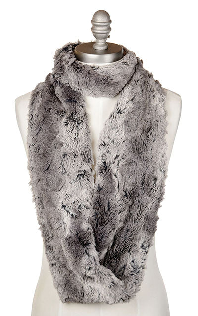 Product shot of Men’s Infinity Loop Scarf shown with long loop| Seattle Sky; charcoal, gray, and cream Faux Fur| Handmade in Seattle WA | Pandemonium Millinery