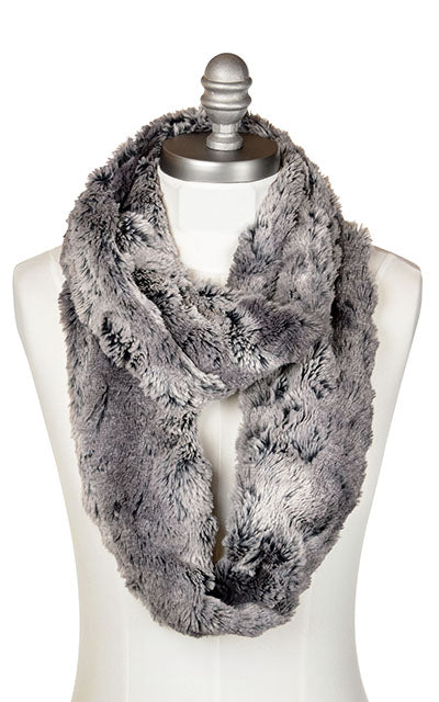 Product shot of Men’s Infinity Loop Scarf shown with long loop| Seattle Sky; charcoal, gray, and cream Faux Fur| Handmade in Seattle WA | Pandemonium Millinery