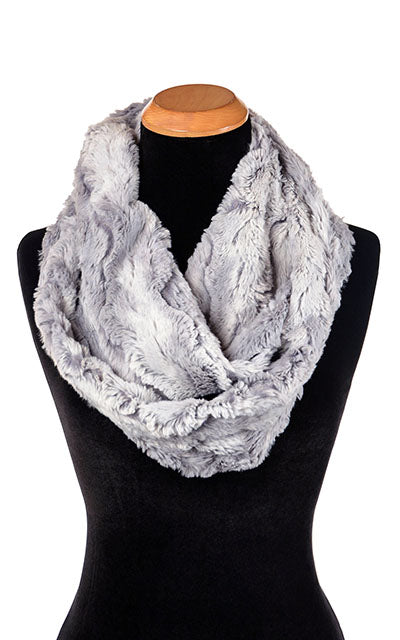 Product shot of Men’s Infinity Loop Scarf | Winter river, ice blue with hits of periwinkle Faux Fur | Handmade in Seattle WA | Pandemonium Millinery