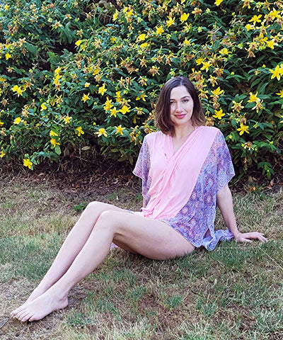 Woman modeling Kaftan in Paisley Madness and Pink Planet 