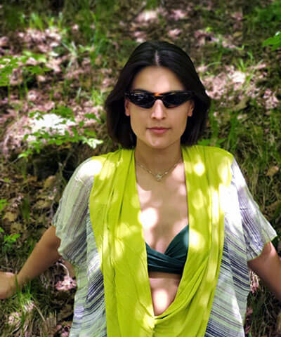 Women&#39;s Kaftan in Spring Linen with Martian Countryside with Sunglasses | Handmade in Seattle WA | Pandemonium Millinery