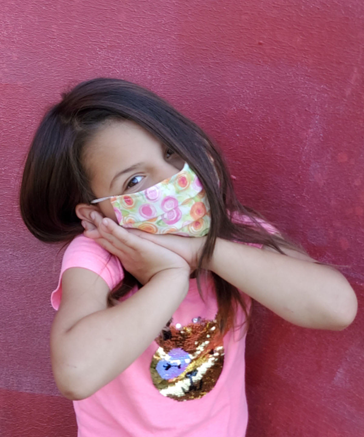 Pandemonium Millinery The Civvy Face Mask (Girl's Basic Pleated) Model Shot - Field Day in Pink