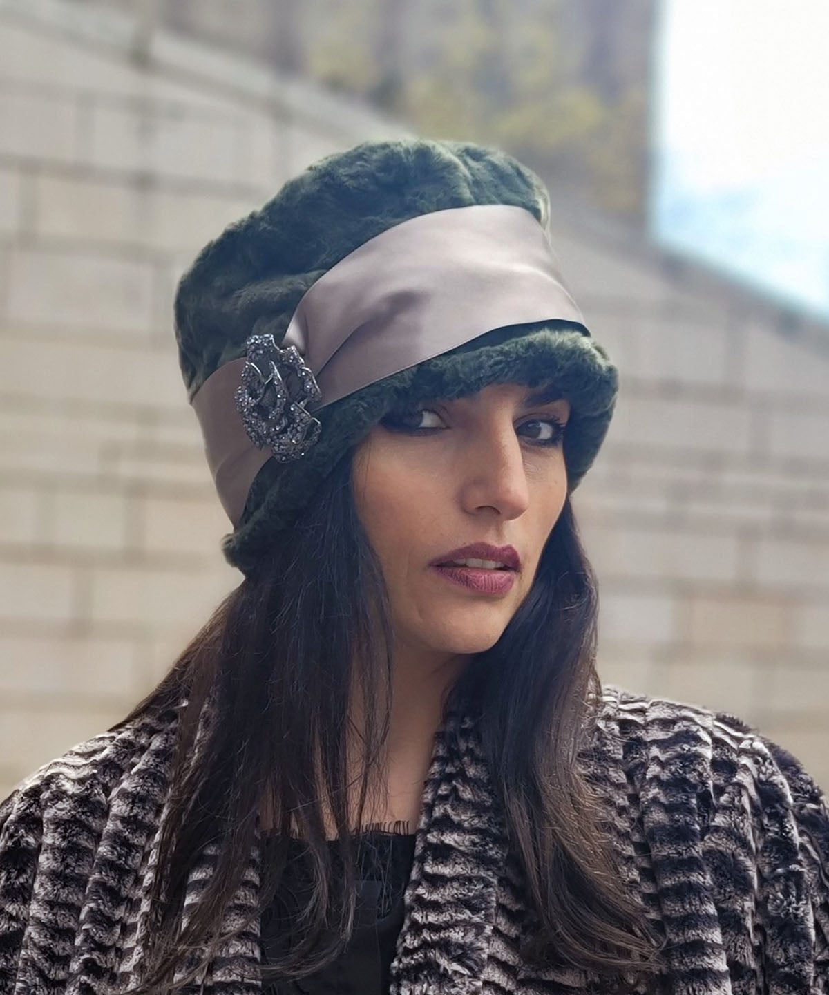 Model wearing Lola Hat  in Army Green Faux  Fur with Champagne Satin Satin and Rhinestone Brooch | Pandemonium Millinery | Handmade in Seattle WA USA