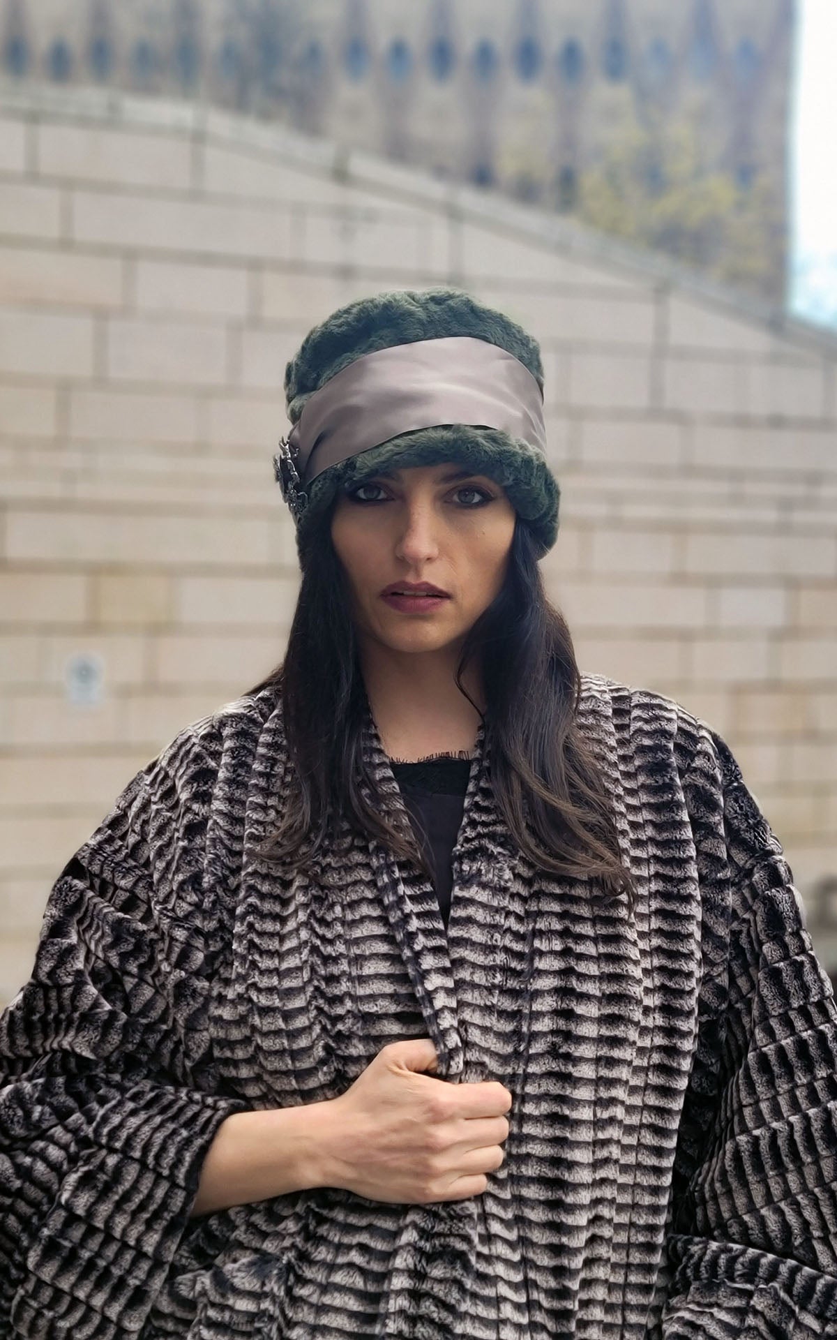 Model wearing Lola Hat  in Army Green Faux  Fur with Champagne Satin Satin and Rhinestone Brooch | Pandemonium Millinery | Handmade in Seattle WA USA