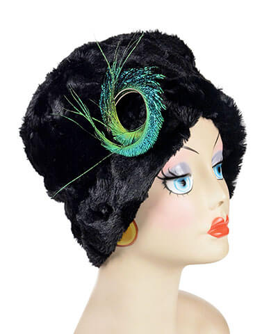 Lola Hat Cuddly Faux Fur in Black with Peacock Swirl Handmade by Pandemonium Seattle