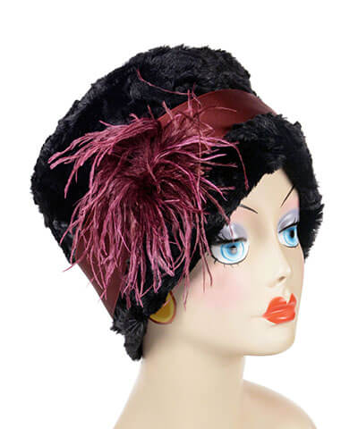 Ostrich Feather Brooch in Burgundy on Black Hat | Handmade in Seattle WA | Pandemonium Millinery