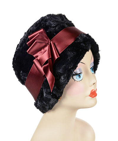 Lola Hat Cuddly Faux Fur in Black with Burgundy Satin Bow and Band Handmade by Pandemonium Seattle