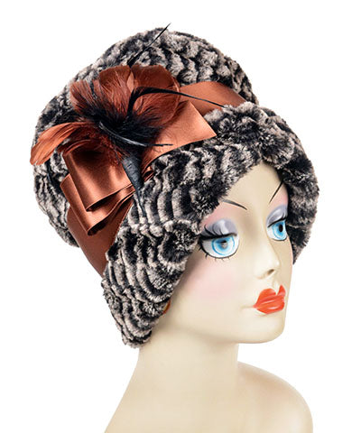 Lola Cloche Hat Style Luxury Faux Fur in 8mm in Sepia with Ostrich Feather Brooch Handmade by Pandemonium Seattle