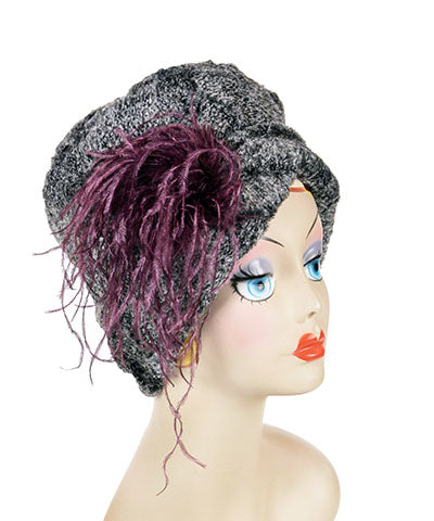 Lola Cloche Hat Style Luxury Faux Fur in Nimbus with Claret Ostrich Feather Brooch Handmade by Pandemonium Seattle