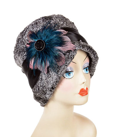 Women&#39;s Feather Medallion in Mauve &amp; Teal with Sparkly Black Button on Lola Cloche Hat | Handmade in Seattle WA | Pandemonium Millinery