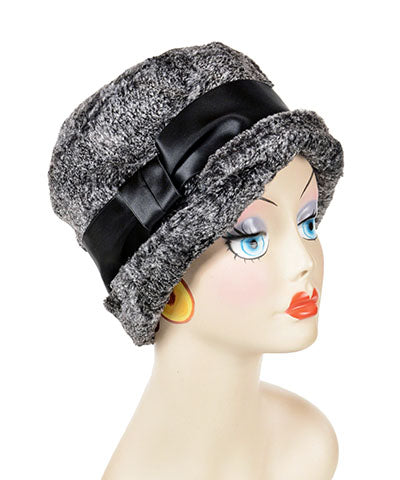 Lola Cloche Hat Style Luxury Faux Fur in Nimbus with Black Satin Sash Handmade by Pandemonium Seattle