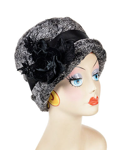 Lola Cloche Hat Style Luxury Faux Fur in Nimbus with Black Satin Sash and Flower Brooch Handmade by Pandemonium Seattle