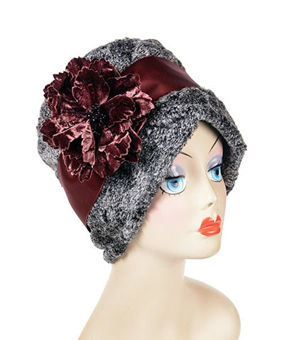 Lola Cloche Hat Style Luxury Faux Fur in Nimbus with Burgundy Satin Sash and Flower Brooch Handmade by Pandemonium Seattle