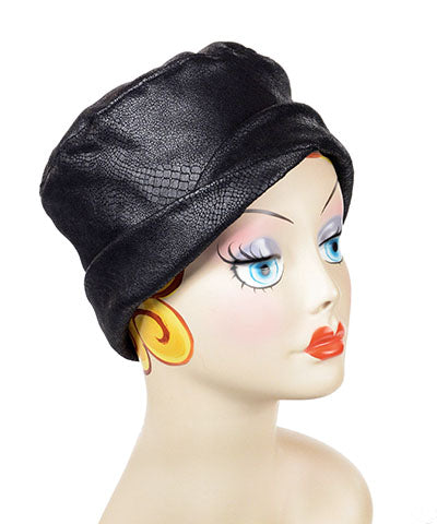 Lola Cloche Style Hat in Outback in Black Vegan Leather Handmade by Pandemonium Seattle