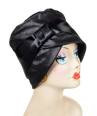Lola Cloche Style Hat in Outback in Black Vegan Leather Handmade by Pandemonium Seattle