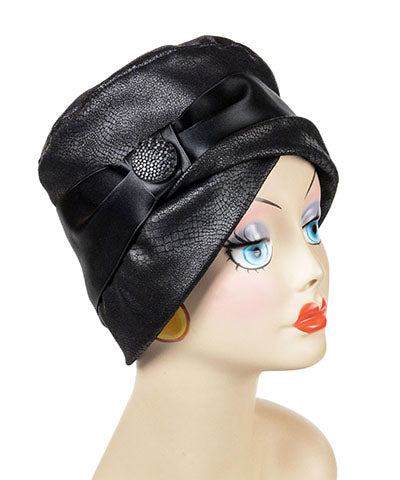Lola Cloche Style Hat in Outback in Black  Vegan Leather Handmade by Pandemonium Seattle