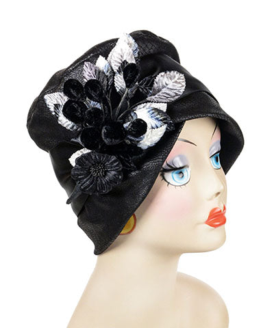 Lola Cloche Style Hat in Outback in Black Vegan Leather Handmade by Pandemonium Seattle