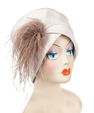 Ostrich Feather Brooch in Toffee on Lola Hat in Faux Suede | Handmade in Seattle WA | Pandemonium Millinery