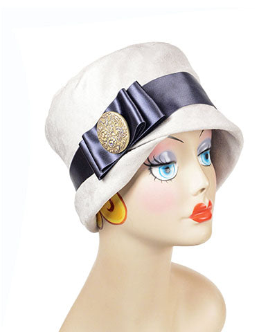 Lola Hat in Silver Faux Suede with Steel Satin Band Bow and Button Handmade by Pandemonium Seattle