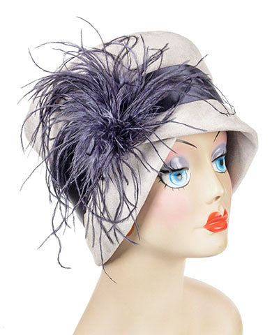 Lola Hat in Silver Faux Suede with Steel Satin Band and Brooch Handmade by Pandemonium Seattle