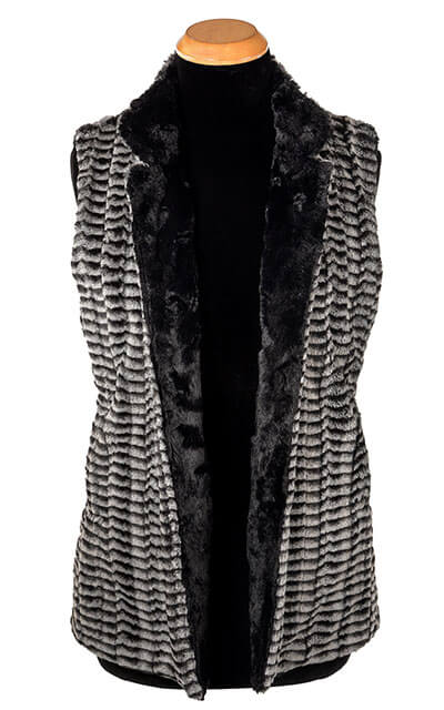 Mandarin Vest Short, Reversible less pockets - Luxury Faux Fur in 8mm in Black and White with Cuddly Fur in Black by Pandemonium Millinery