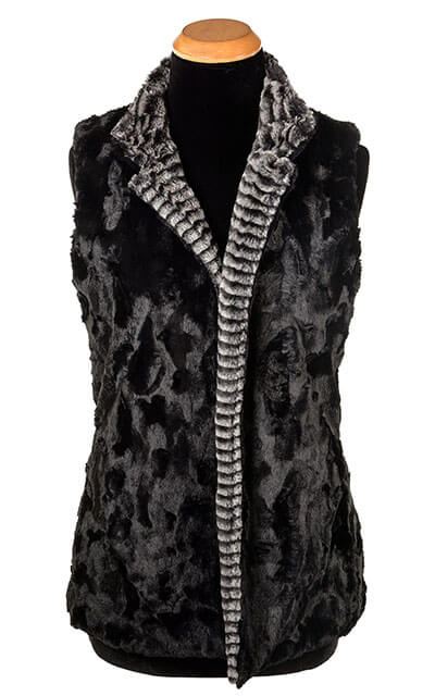 Mandarin Vest Short, Reversible less pockets - Luxury Faux Fur in 8mm in Black and White with Cuddly Fur in Black - Shown in Reverse by Pandemonium Millinery