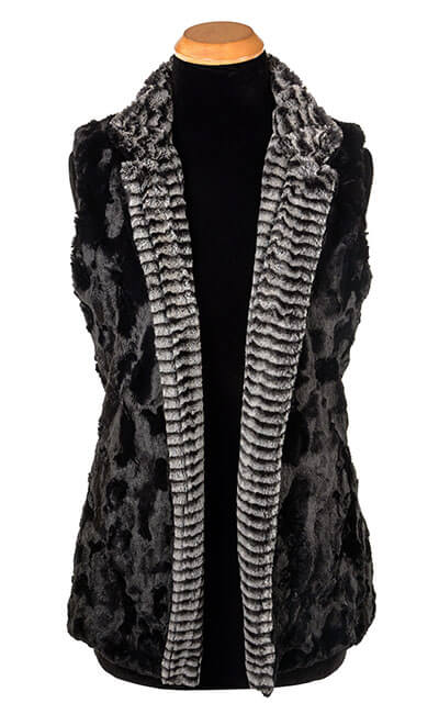 Mandarin Vest Short, Reversible less pockets - Luxury Faux Fur in 8mm in Black and White with Cuddly Fur in Black - Shown in Reverse by Pandemonium Millinery