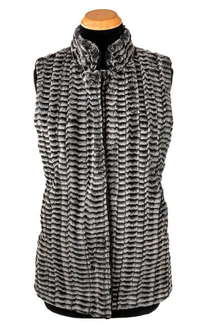 Mandarin Vest Short, Reversible less pockets - Luxury Faux Fur in 8mm in Black and White with Cuddly Fur in Black by Pandemonium Millinery