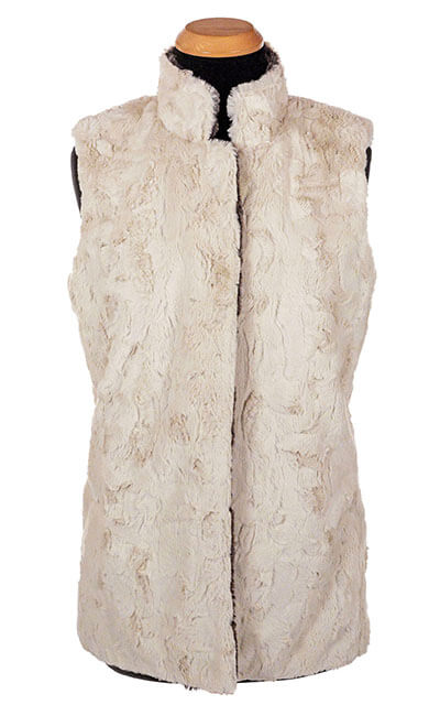 Mandarin Vest Short, Reversed - Luxury Faux Fur in 8mm in Sepia with Cuddly Fur in Sand by Pandemonium Millinery