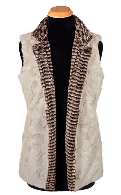 Mandarin Vest Short, Reversible less pockets - Luxury Faux Fur in 8mm in Sepia with Cuddly Fur in Sand shown open | handmade by Pandemonium Millinery