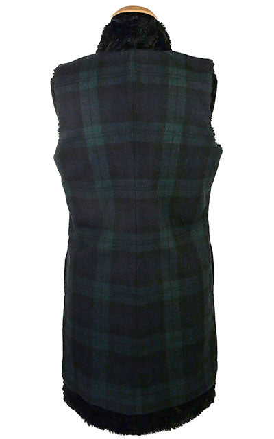 Mandarin Vest Back View, Reversible less pockets - Wool Plaid with Assorted Faux Fur Nightfall / Cuddly Black Outerwear Pandemonium Millinery