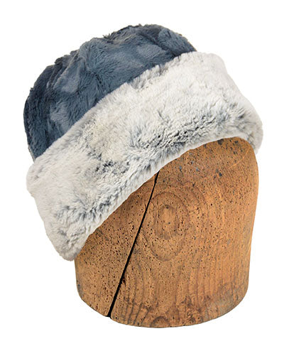 Men&#39;s Beanie Hat | Frosted Juniper Faux Fur Reversed to Cuddly Slate| Handmade in the USA by Pandemonium Seattle