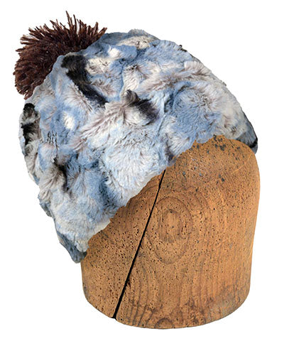 Men's Beanie Hat with Chocolate Pom | Rainier Sky Faux Fur | Handmade in the USA by Pandemonium Seattle